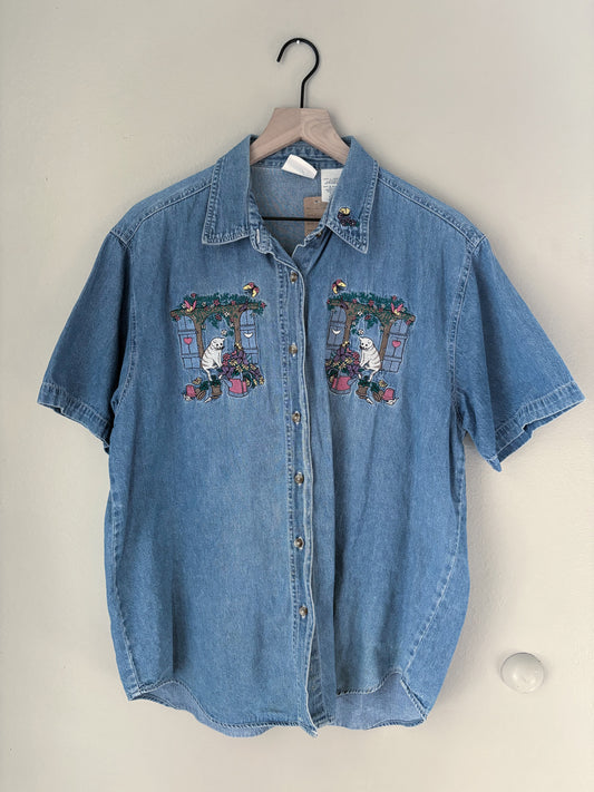 Vintage Cat Embroidered Button Up